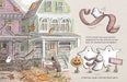 A whimsical Halloween illustration featuring a row of old houses, small white ghosts wearing striped scarves, a jack-o'-lantern, and handwritten signs including 'FOR SALE' and 'BOO!'. Text on the right tells a story about Little Ghost.