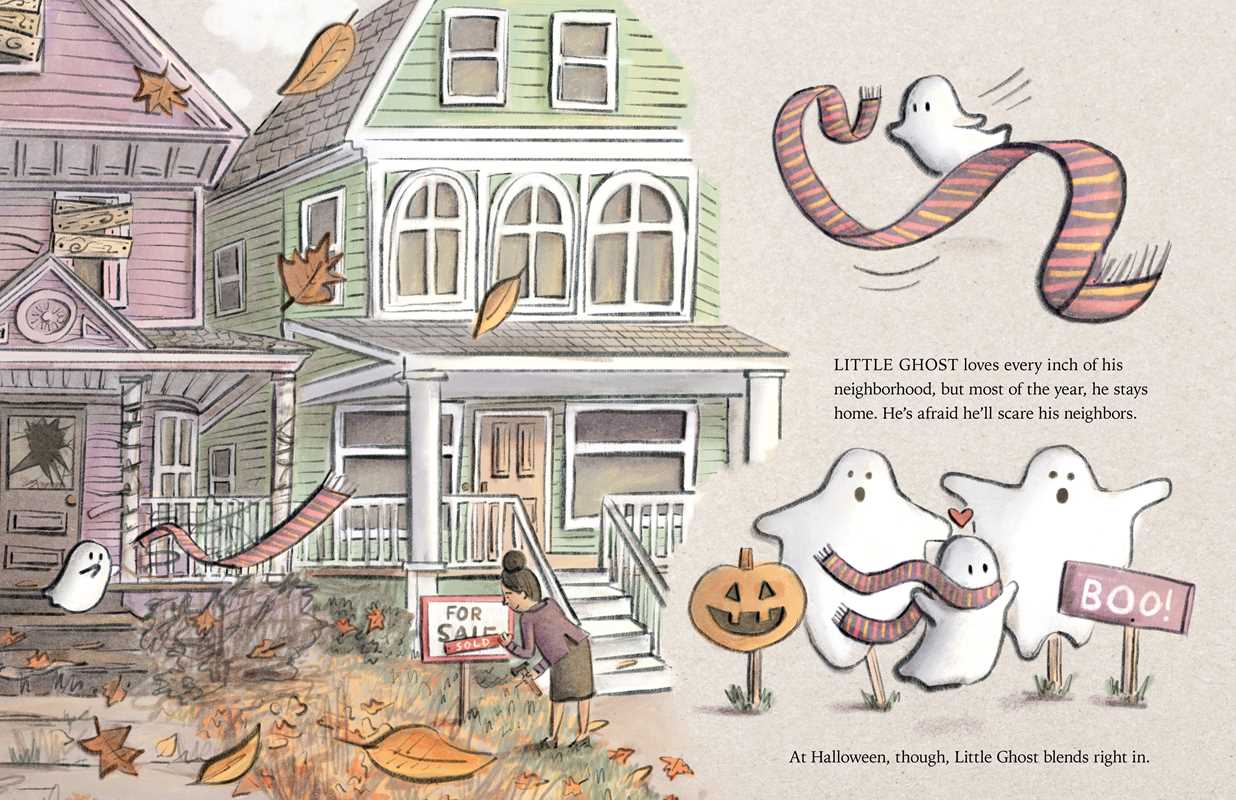 A whimsical Halloween illustration featuring a row of old houses, small white ghosts wearing striped scarves, a jack-o'-lantern, and handwritten signs including 'FOR SALE' and 'BOO!'. Text on the right tells a story about Little Ghost.
