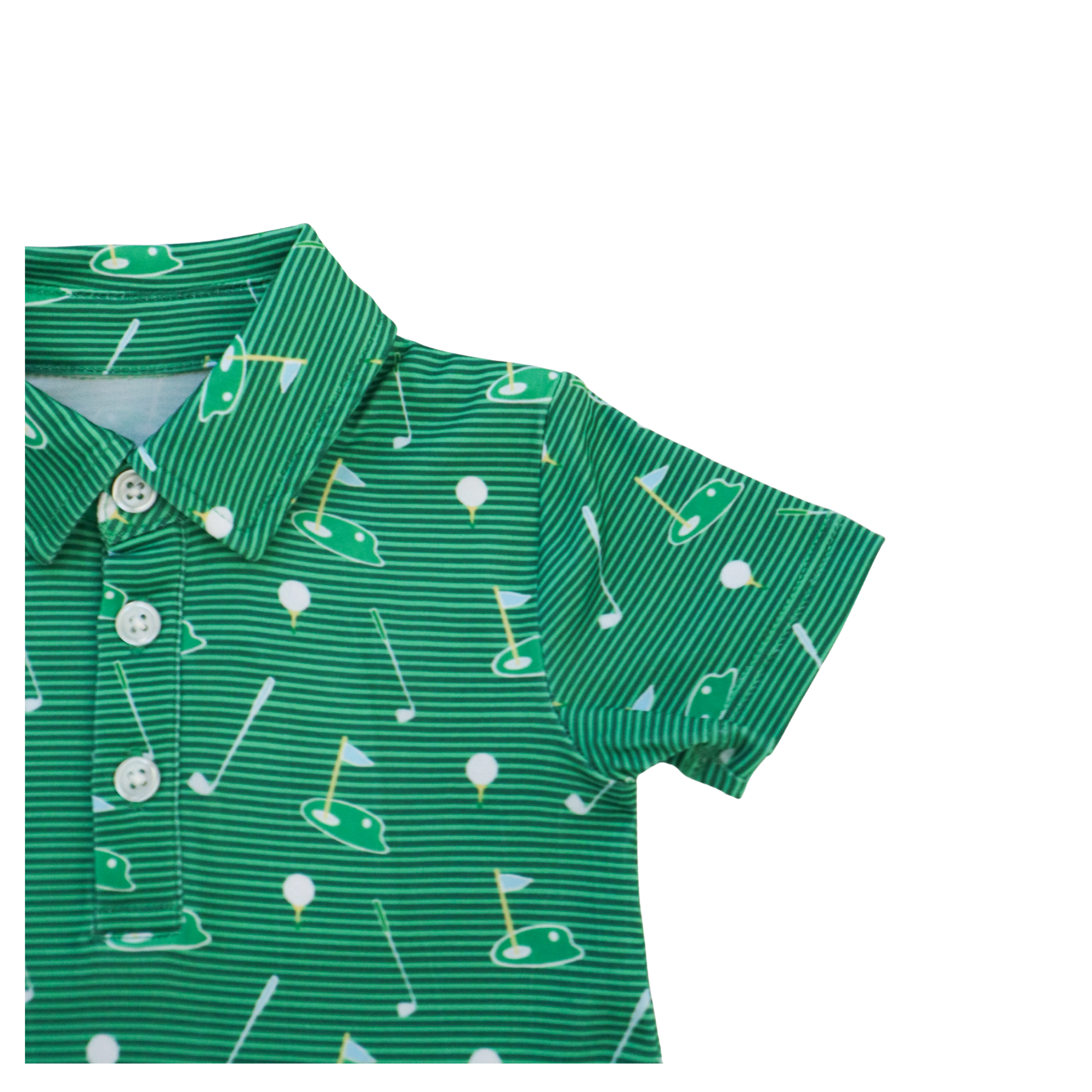 Green children's romper with golf pattern on a white background
