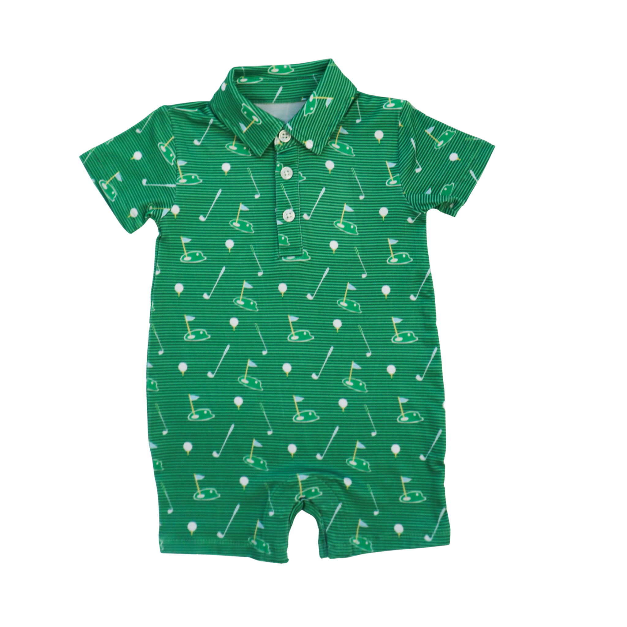 Green baby romper with golf pattern on a white background