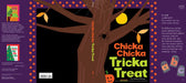 Book cover of 'Chicka Chicka Tricka Treat' with a tree, spider, and Halloween elements on a purple background.