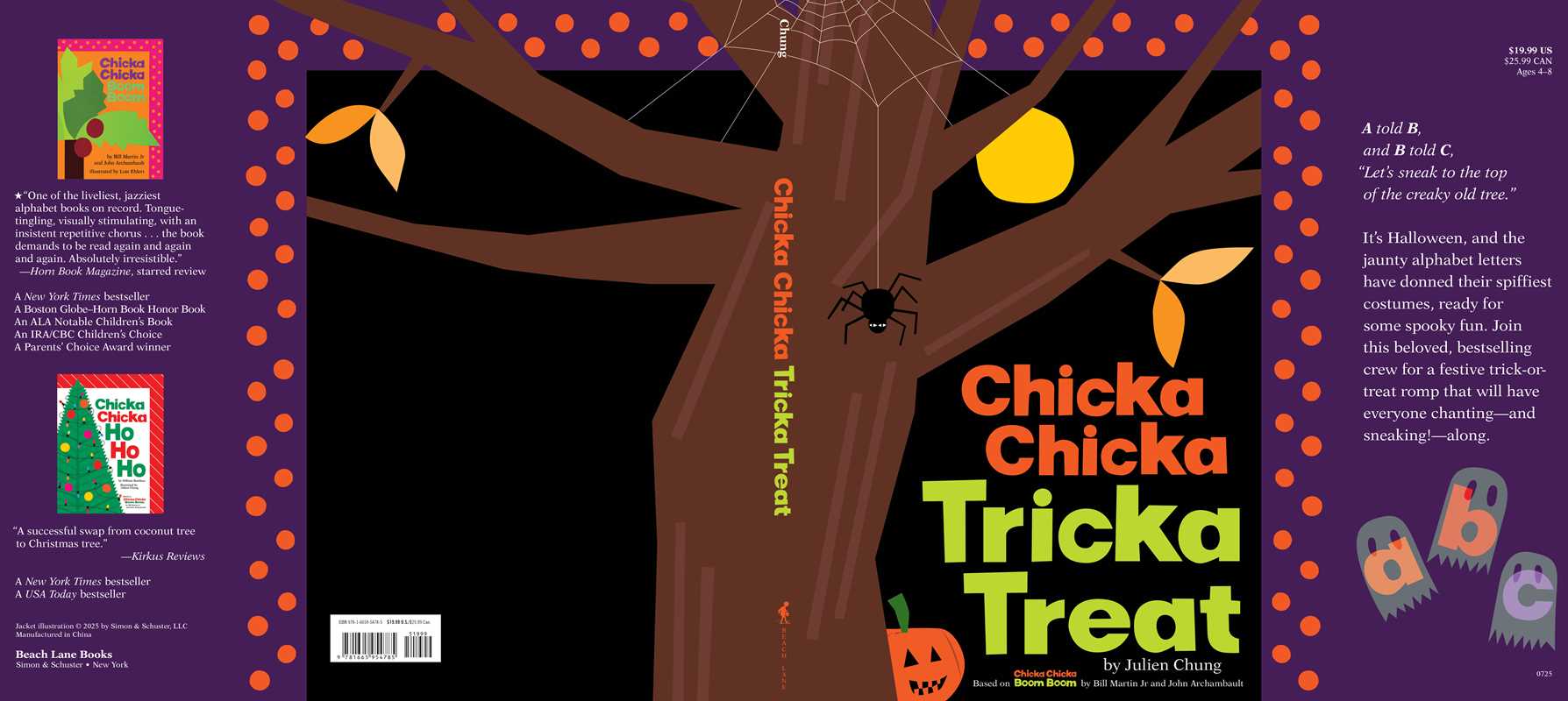 Book cover of 'Chicka Chicka Tricka Treat' with a tree, spider, and Halloween elements on a purple background.