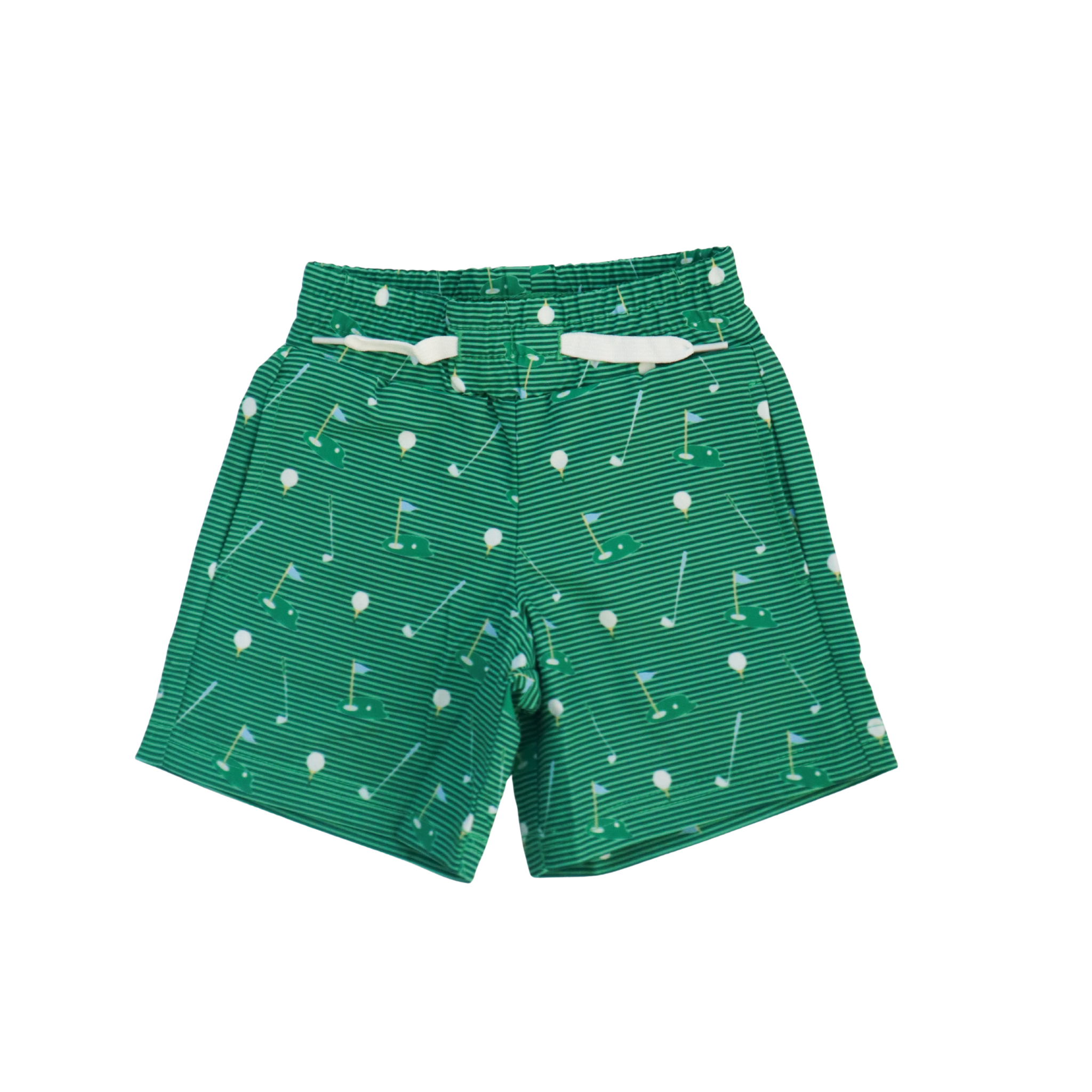 Green swimtrunk with golf pattern on a white background