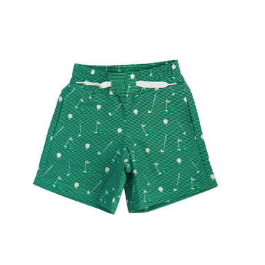 Green swimtrunk with golf pattern on a white background