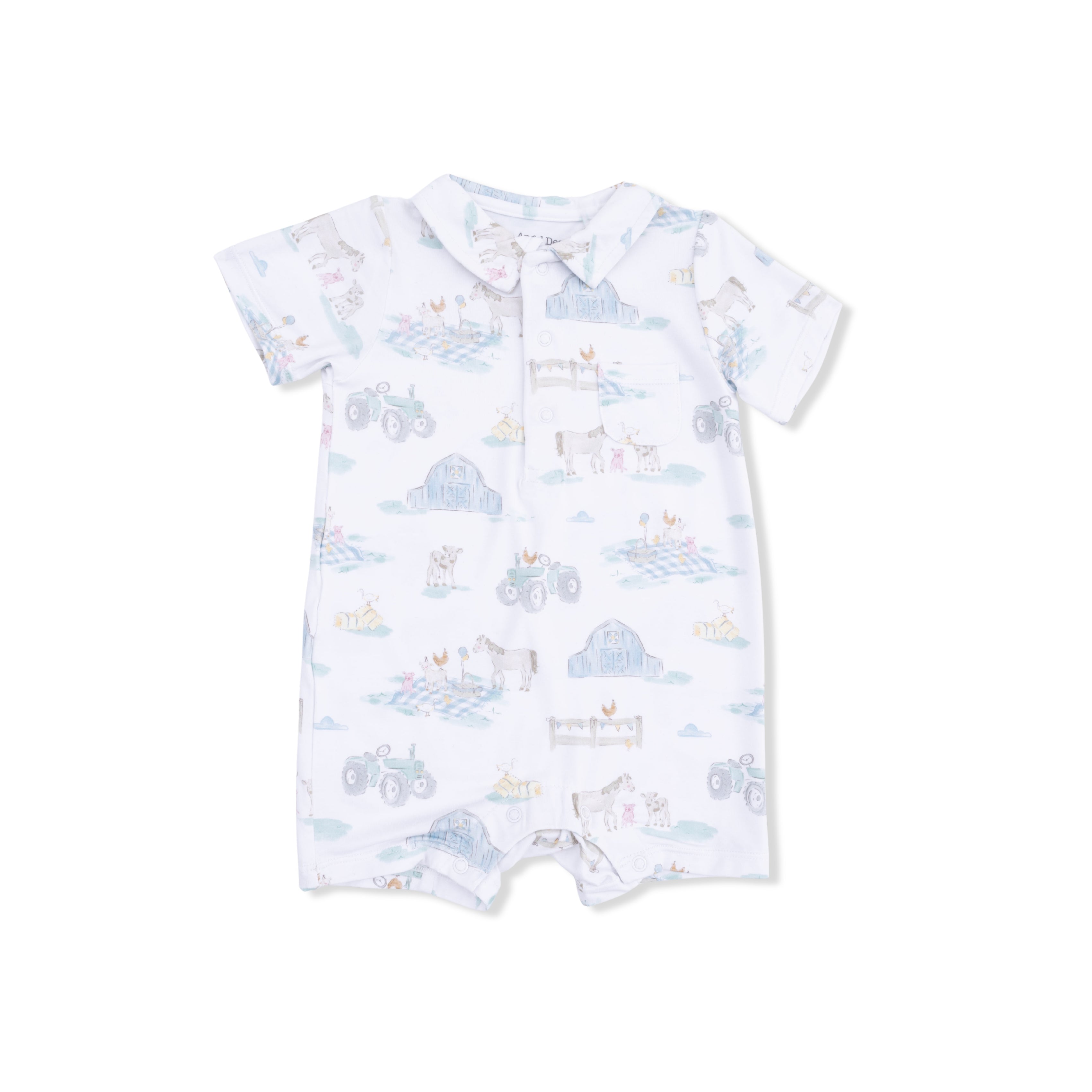 Baby romper with farm themed pattern on a white background