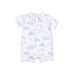 Baby romper with farm themed pattern on a white background
