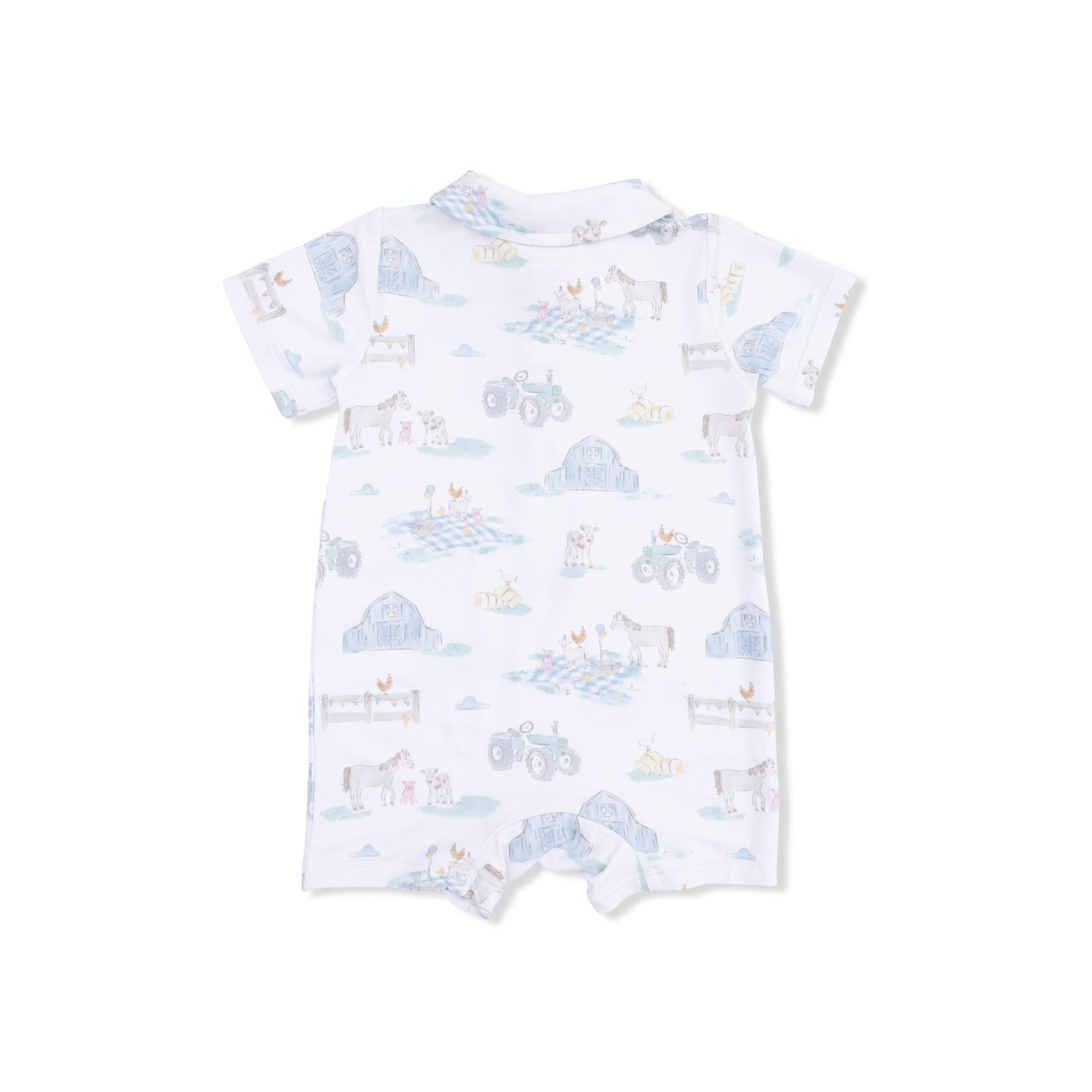 Baby romper with farm themed pattern on a white background
