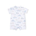 Baby romper with farm themed pattern on a white background
