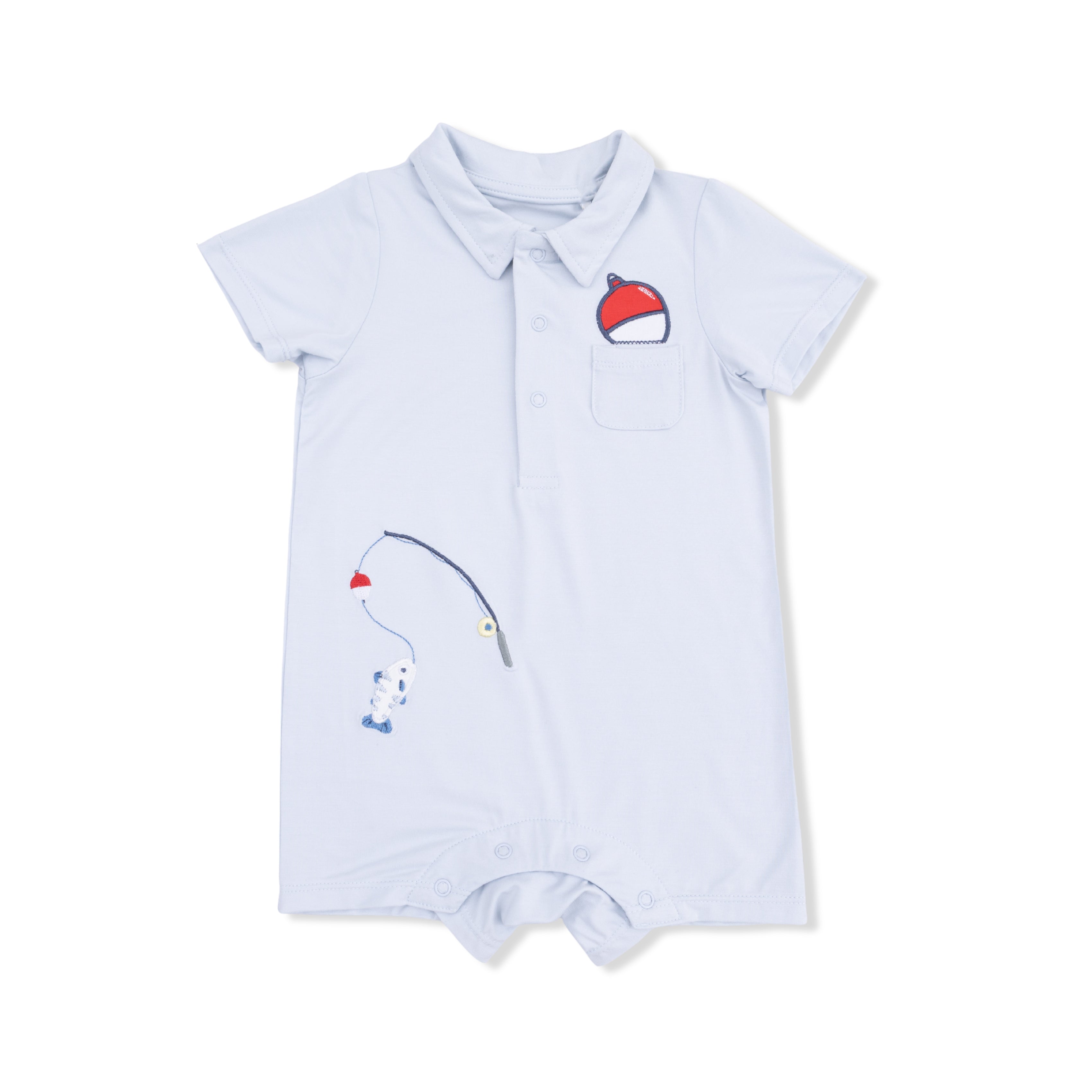 Light blue baby romper with fishing embroidered designs on a white background