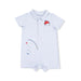 Light blue baby romper with fishing embroidered designs on a white background