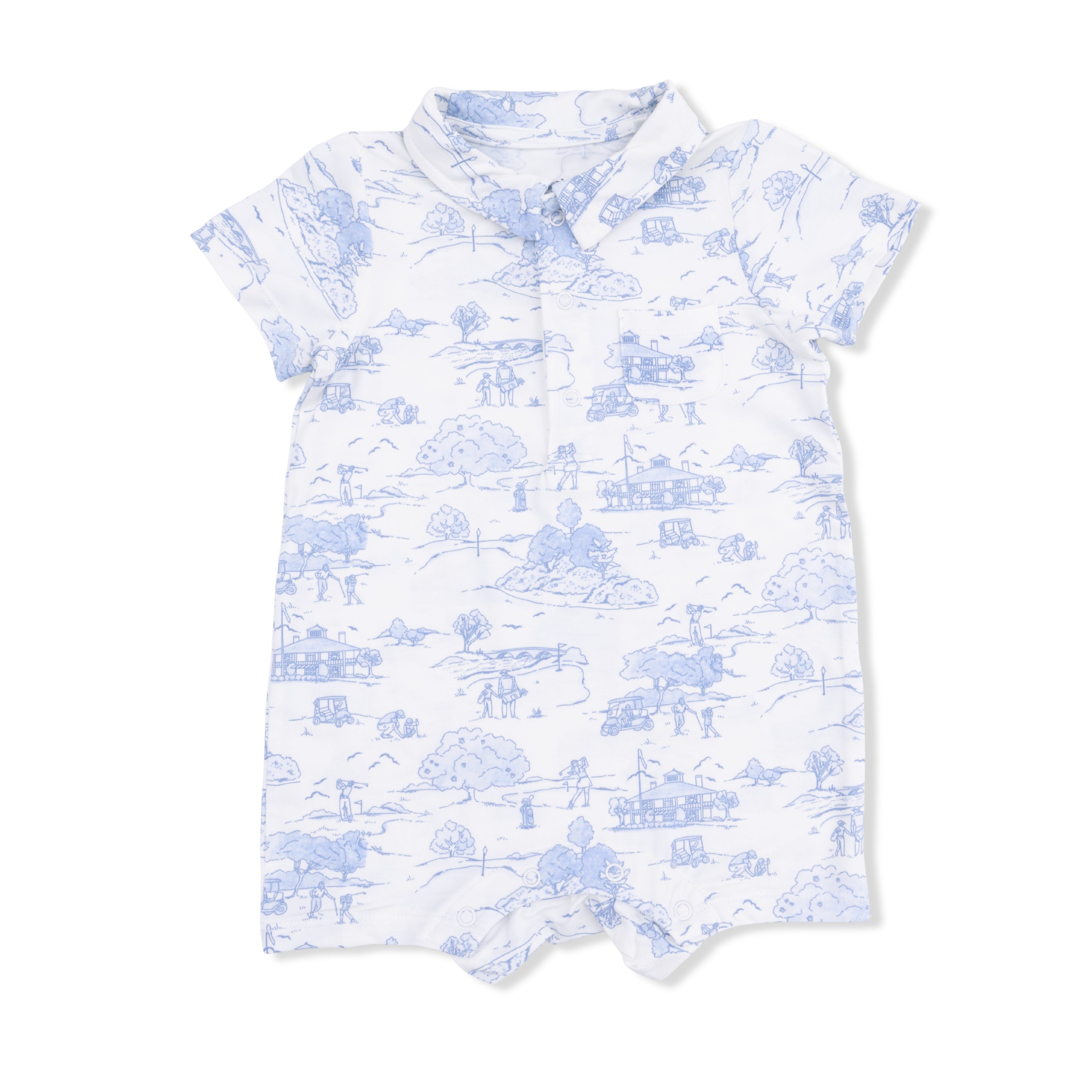 White romper with blue toile pattern on a white background