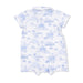 White baby romper with blue toile pattern on a white background
