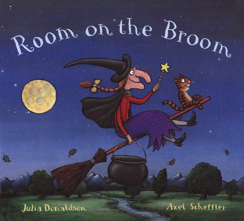 Book cover of 'Room on the Broom' with a witch and cat on a broomstick against a night sky.