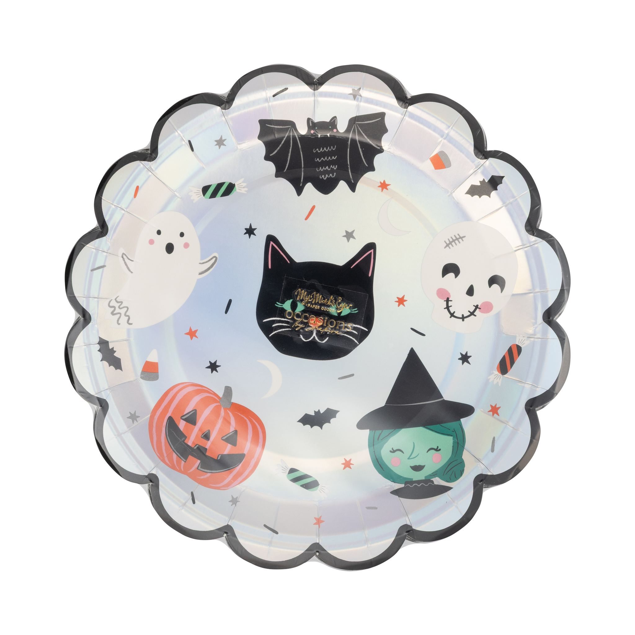 Halloween-themed decorative plate with cartoon characters on a white background
