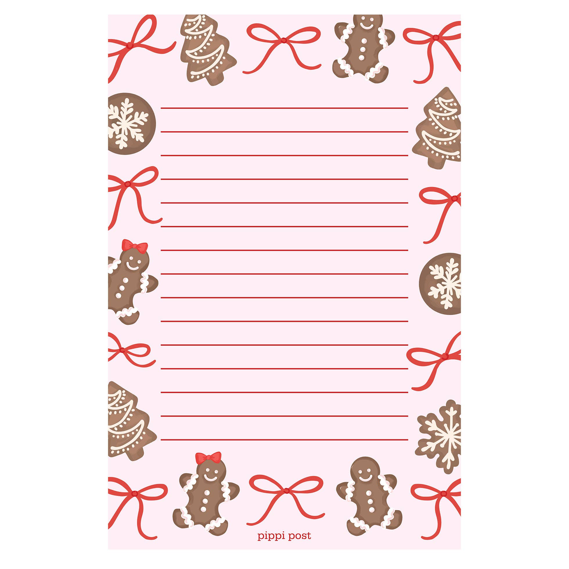 Pink Christmas notepad with lined writing space and gingerbread cookies snowflakes and red bows from Pippi Post