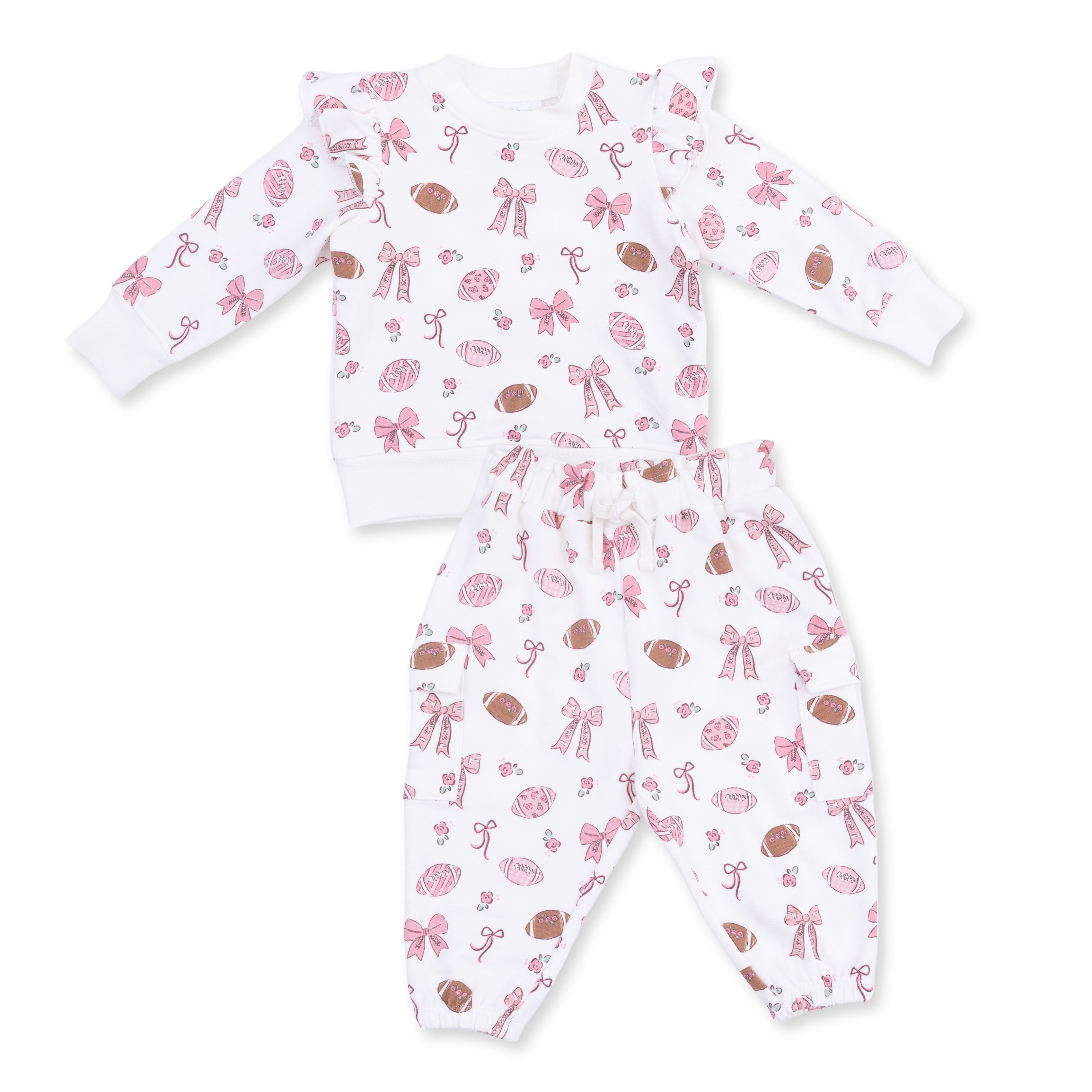Baby two piece set with pink and brown football pattern on a white background