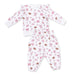 Baby two piece set with pink and brown football pattern on a white background