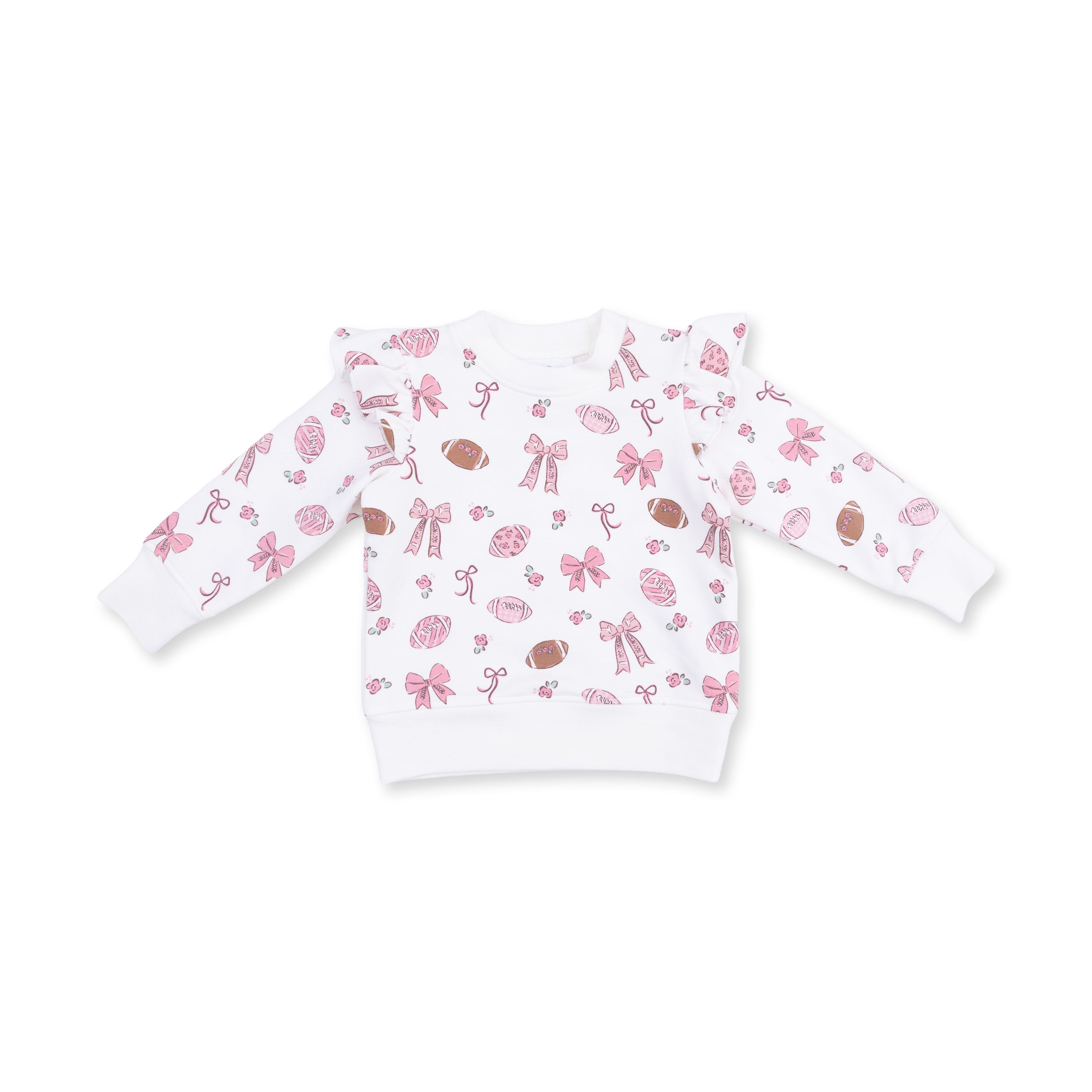 White long-sleeve shirt with pink football pattern on a white background