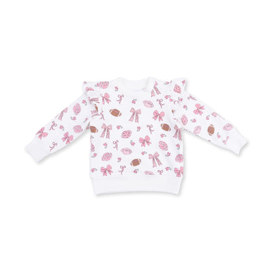 White long-sleeve shirt with pink football pattern on a white background