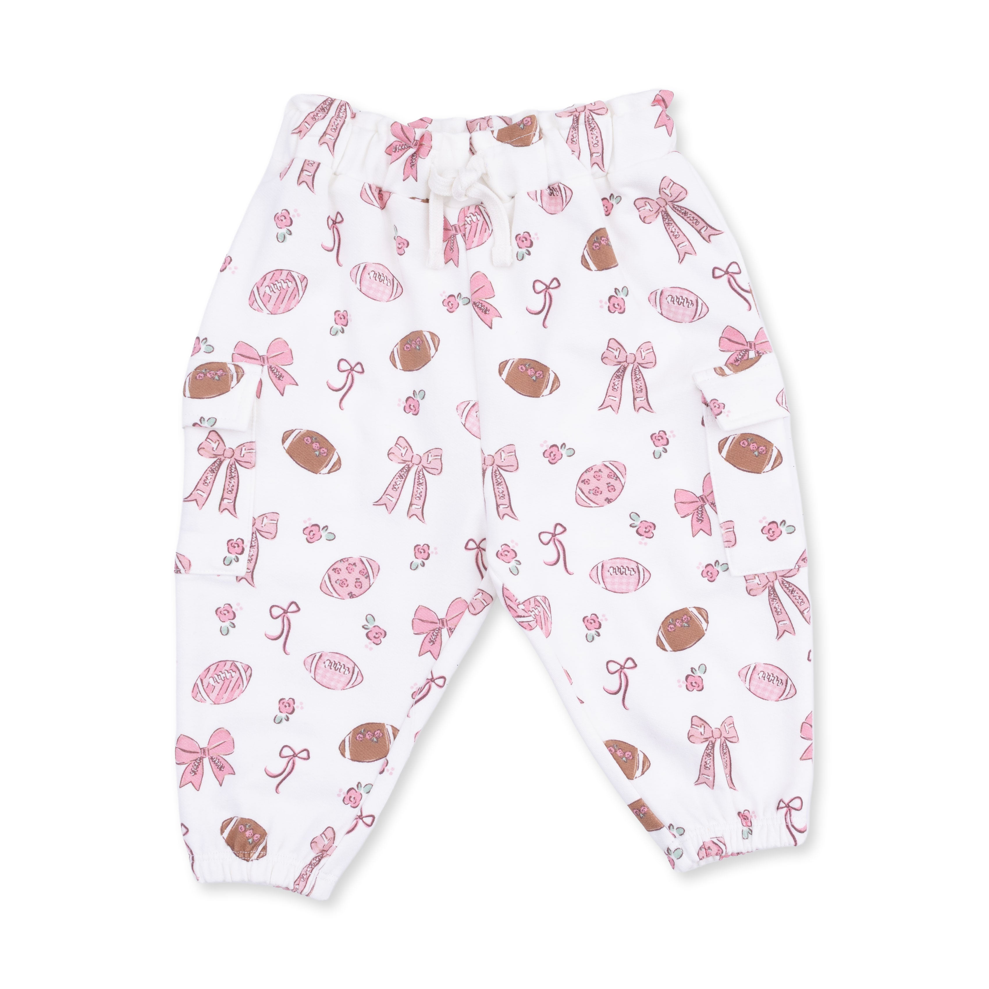 White pants with pink and brown football pattern on a white background