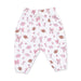 White pants with pink and brown football pattern on a white background