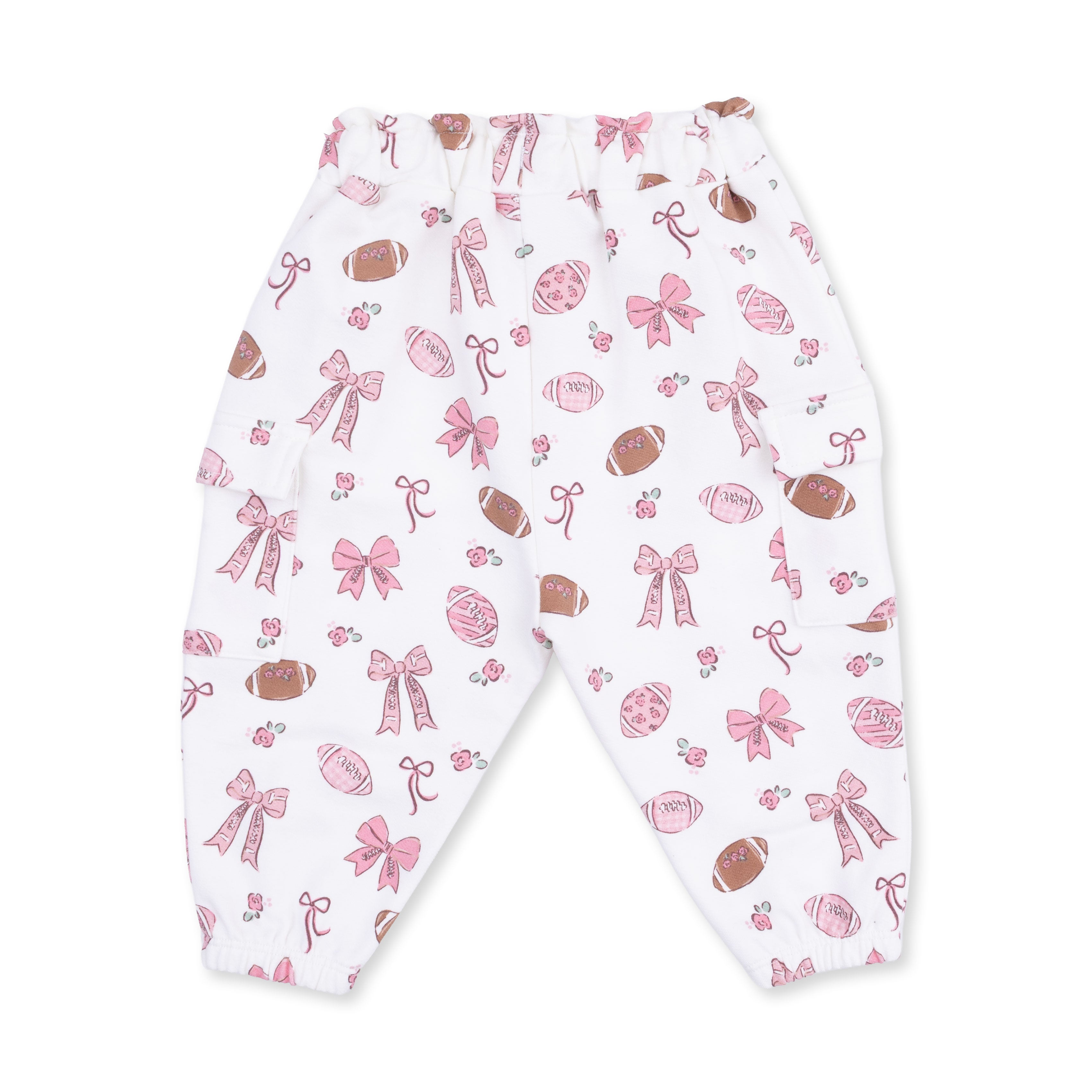 White baby leggings with pink and brown football pattern on a white background