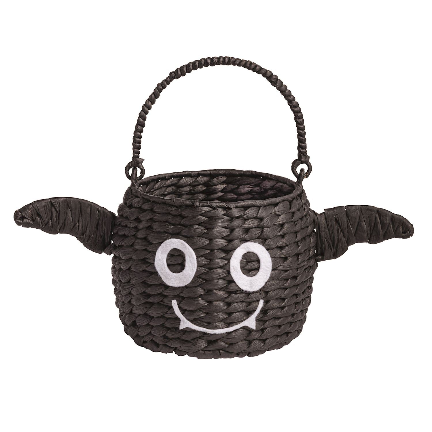 Woven bat basket with a face design on a white background