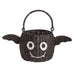 Woven bat basket with a face design on a white background