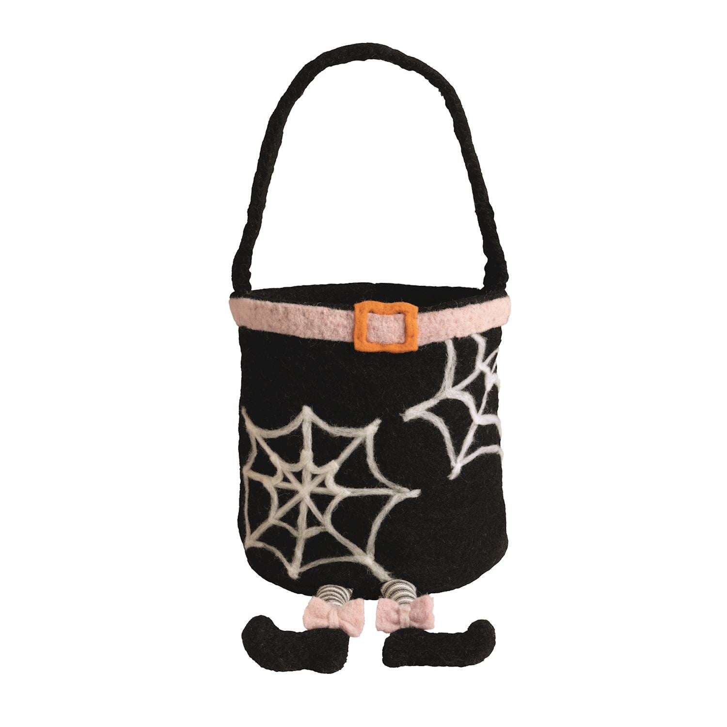 A black felt bucket bag with a white spiderweb pattern, a pink faux-fur belt, and a small orange buckle, shown on a plain white background.
