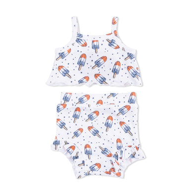 Two-piece short set with popsicle pattern on a white background