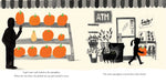 Illustration of a person looking at pumpkins in a store with other pumpkins worriedly watching.