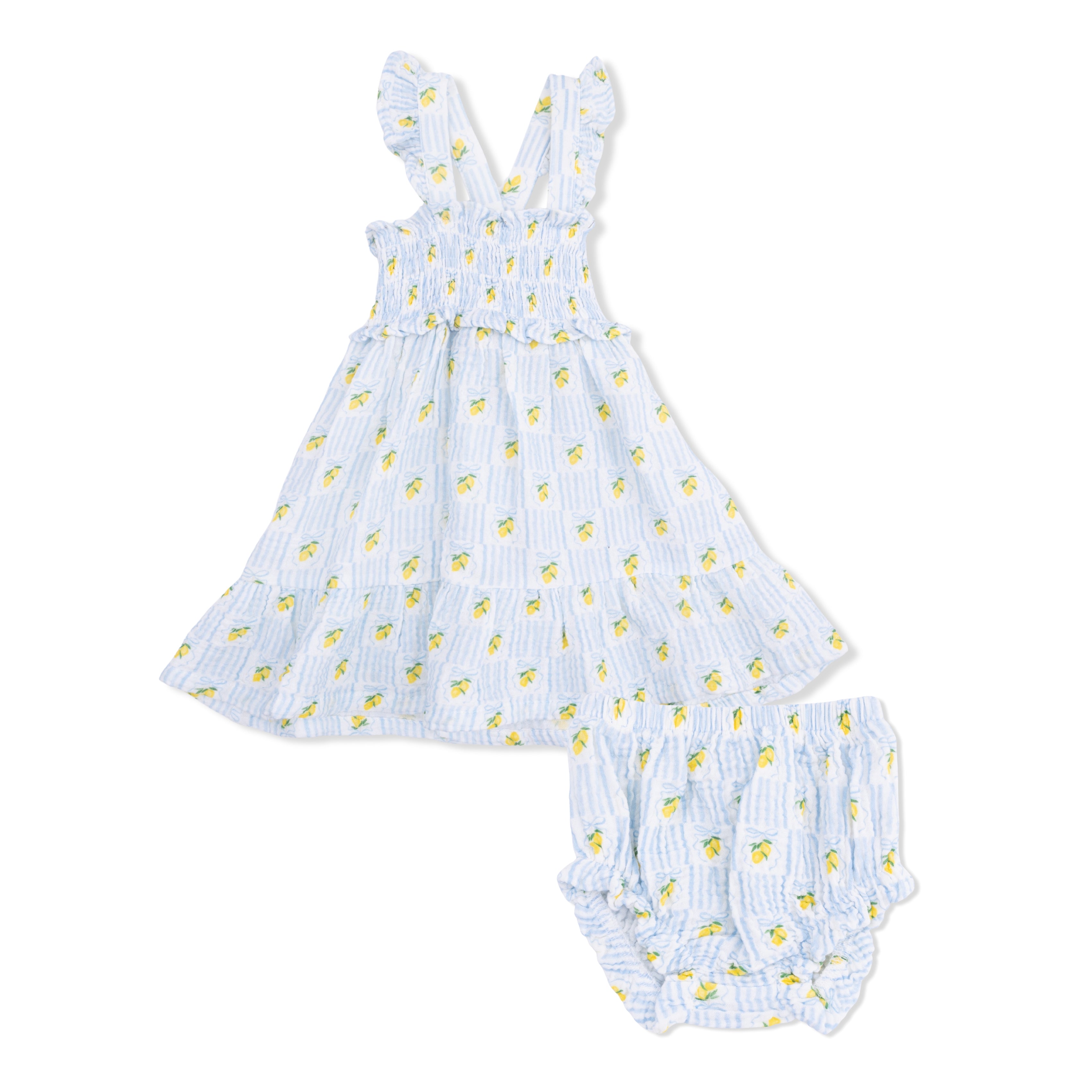 Baby dress and bloomers set with lemon pattern on a white background