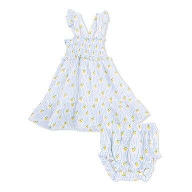 Baby dress and bloomers set with lemon pattern on a white background