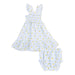 Baby dress and bloomers set with lemon pattern on a white background