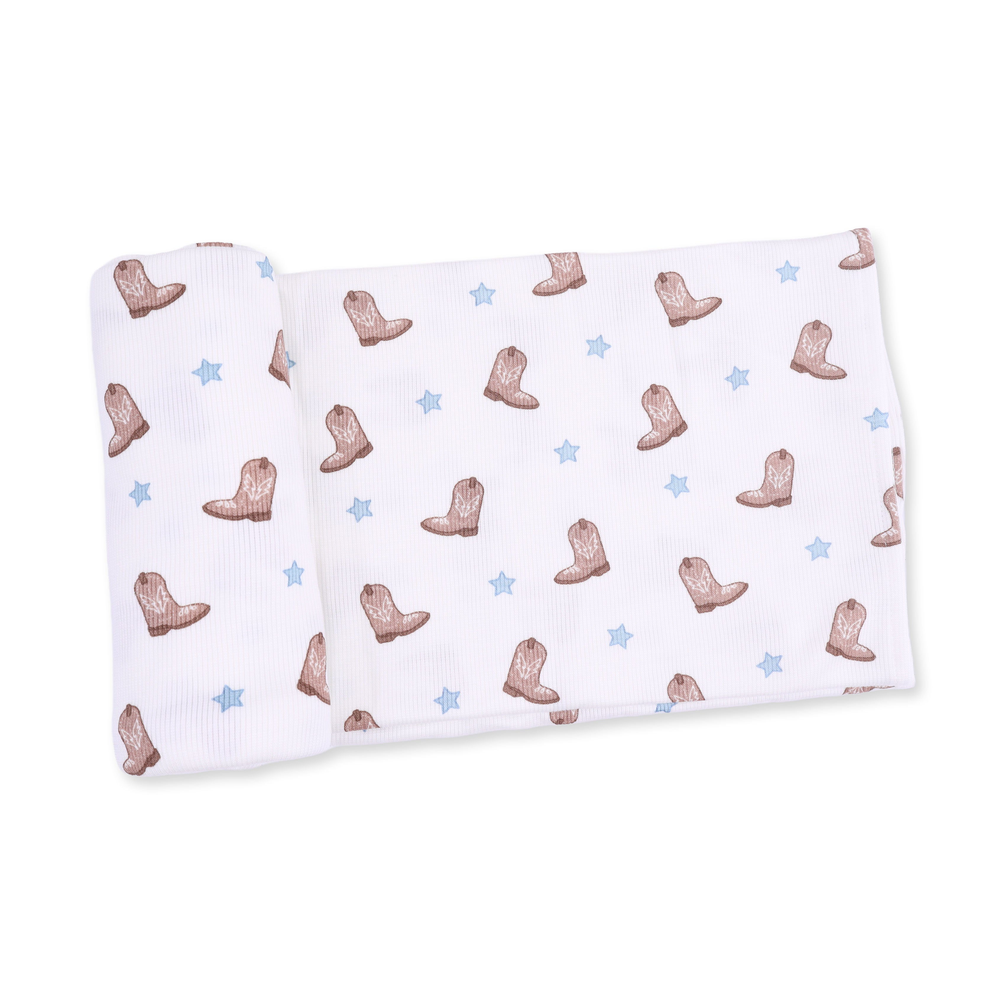 Baby blanket with cowboy boot pattern on a white background