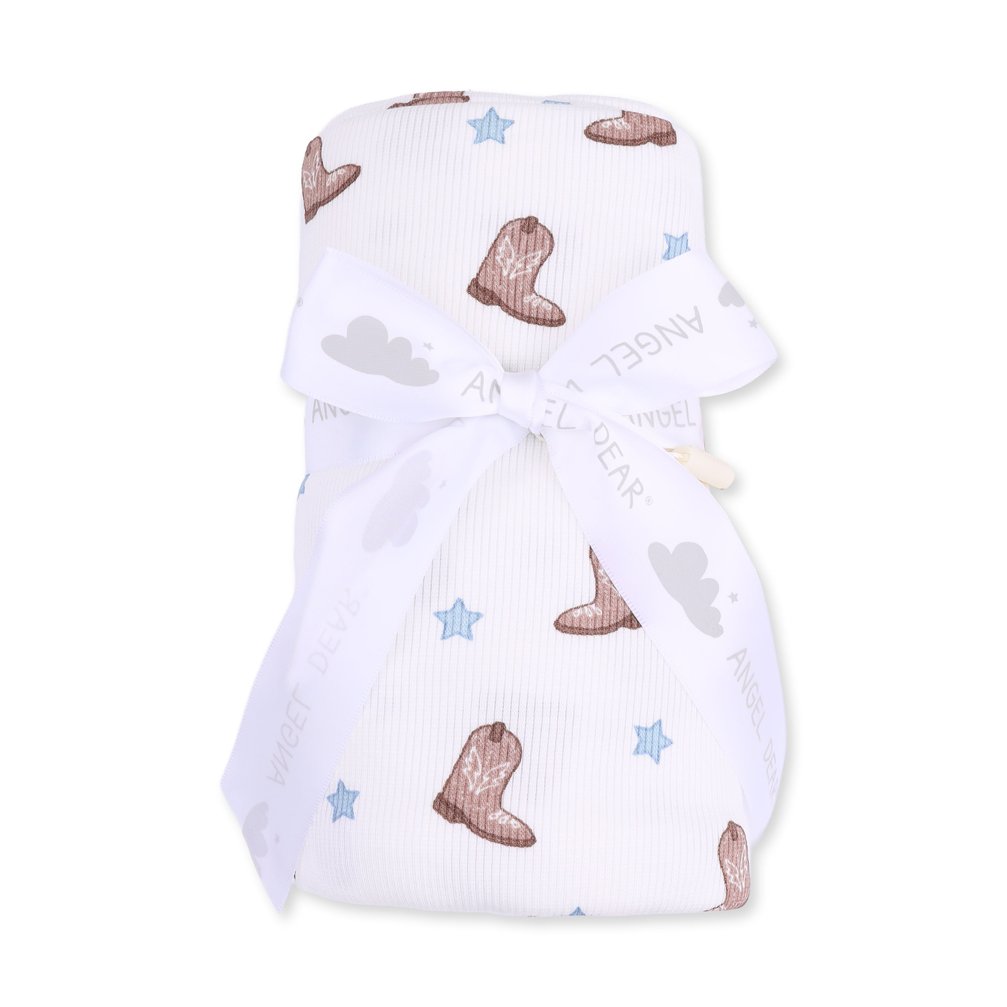 Baby swaddle with cowboy boot and star patterns on a white background