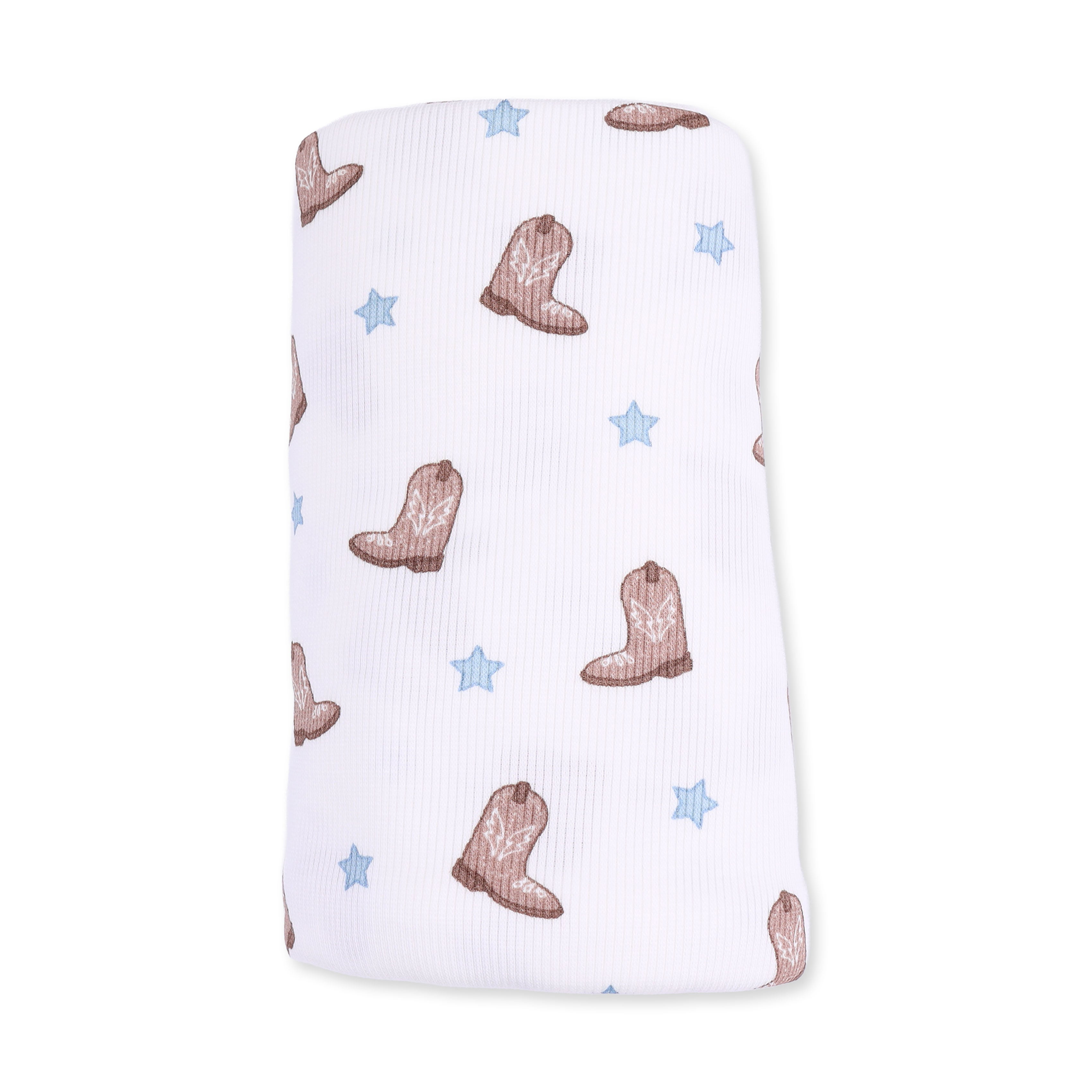 White swaddle blanket with brown cowboy boots and blue stars on a white background