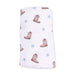 White swaddle blanket with brown cowboy boots and blue stars on a white background