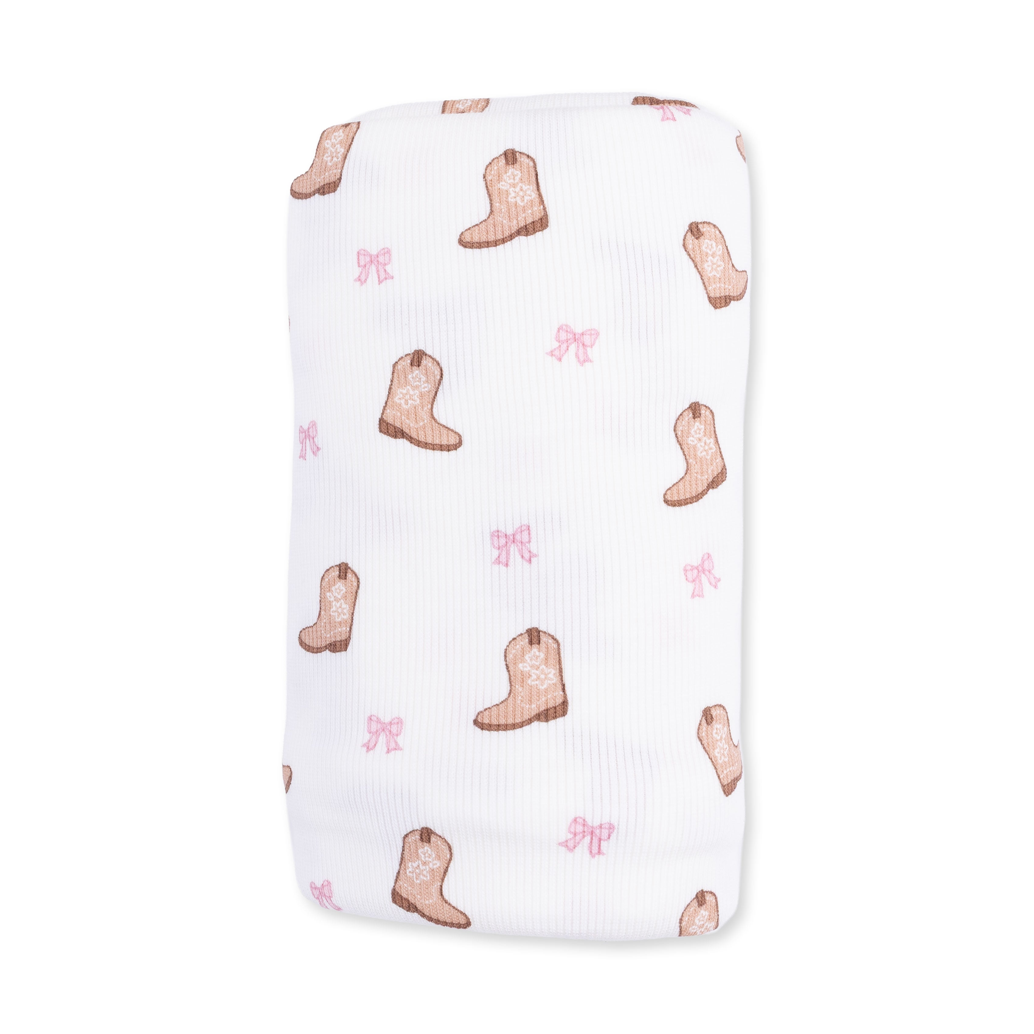 Baby blanket with cowboy boot and bow pattern on a white background