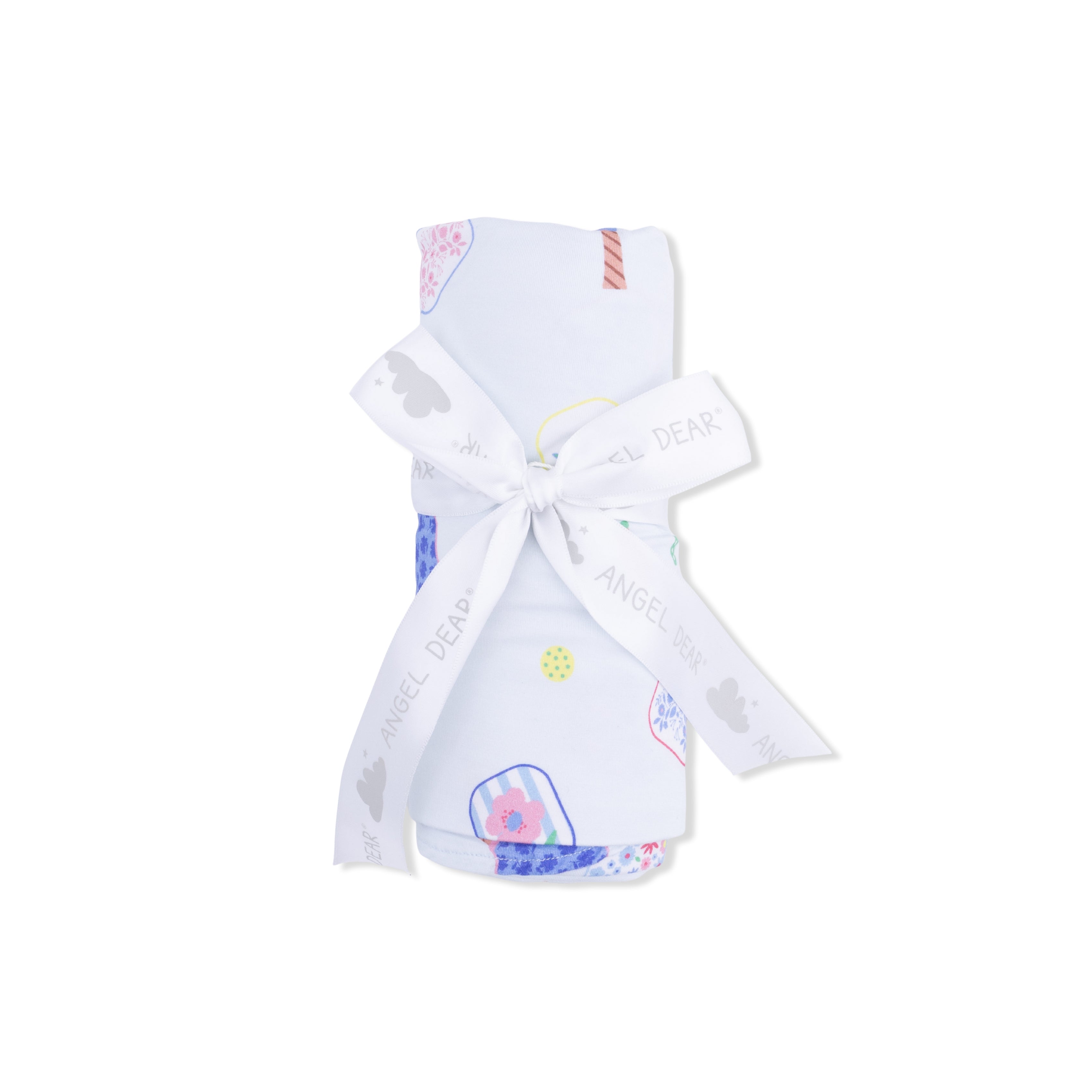 Baby blanket with colorful pickleball patterns and a white ribbon on a white background