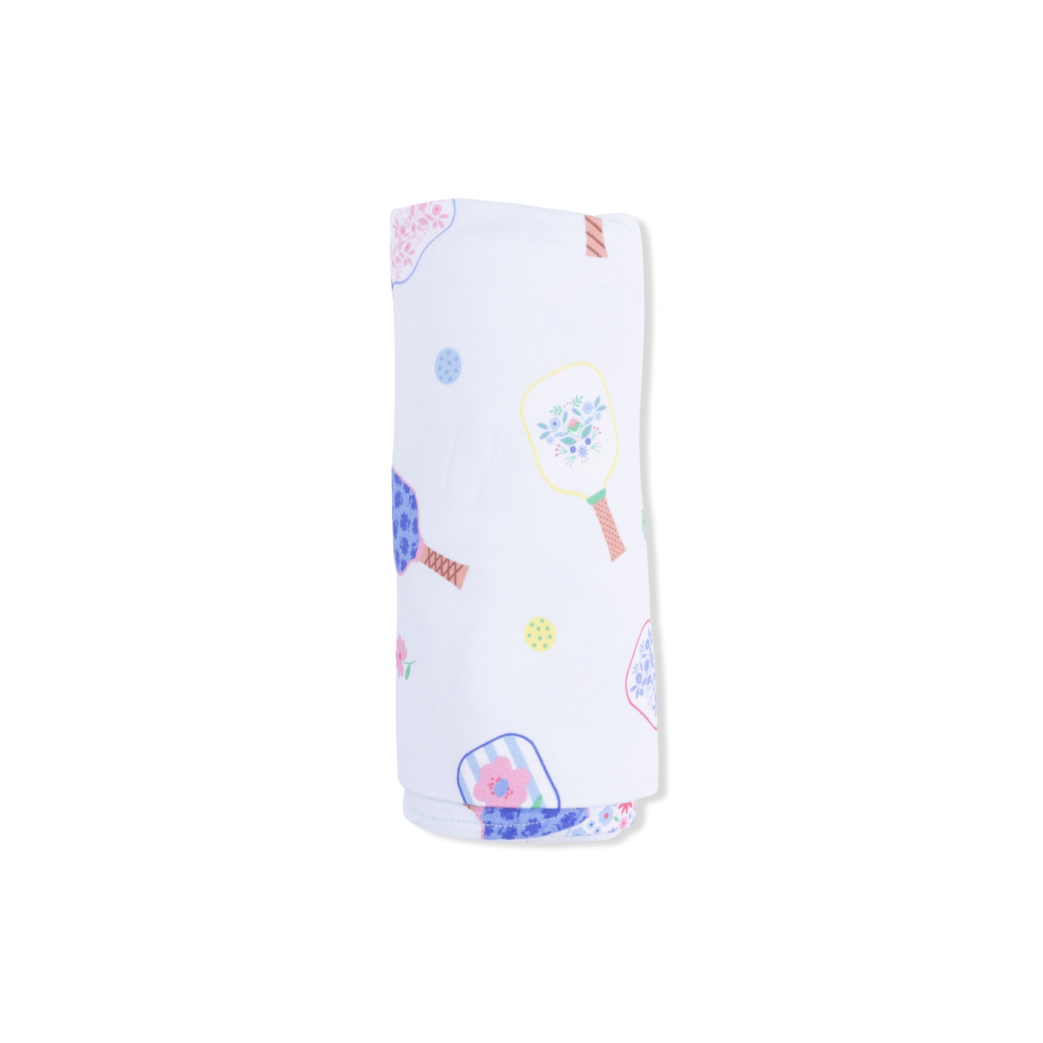 Baby blanket with pickleball-themed pattern on a white background