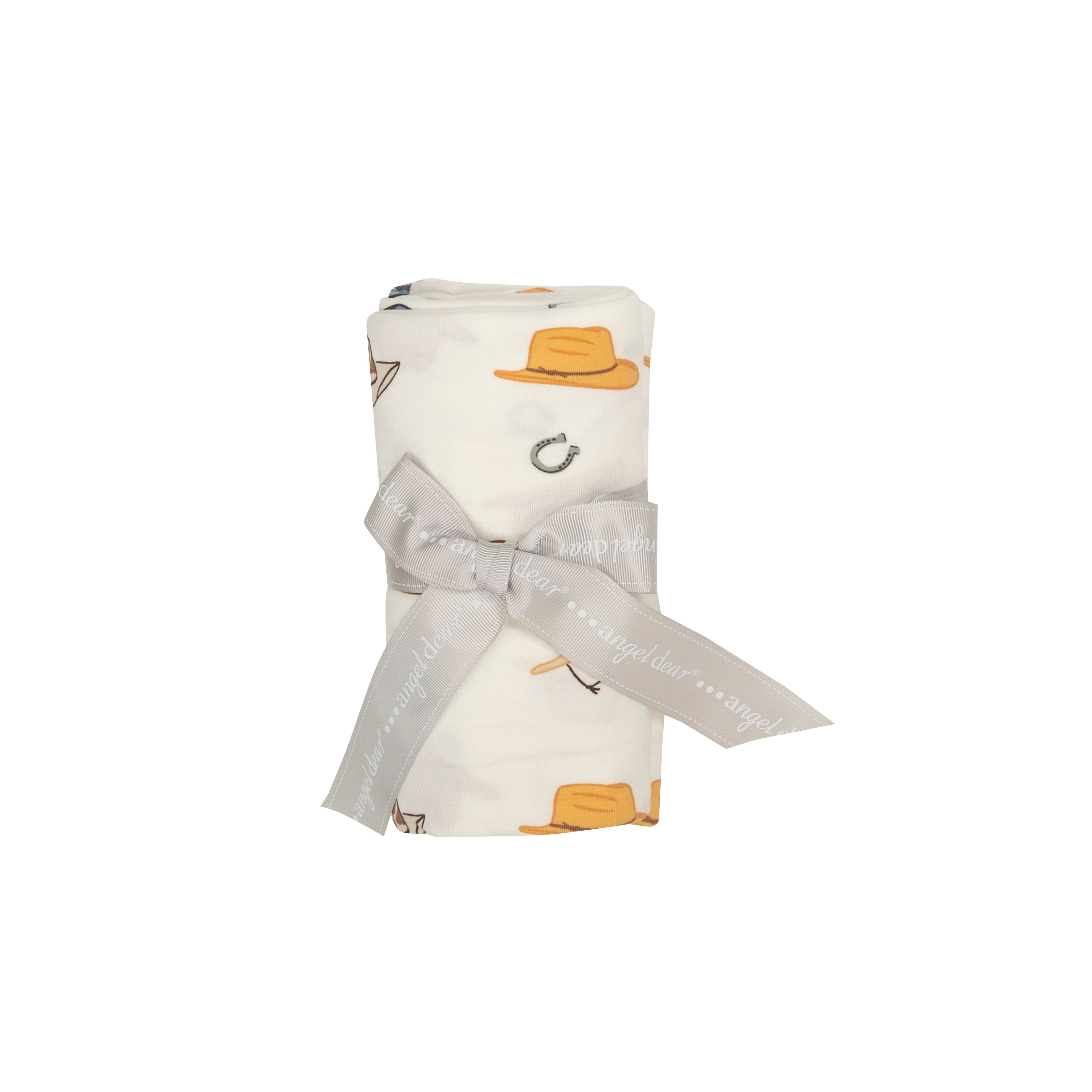 white swaddle with brown and blue cowboy hats wrapped up in a bow