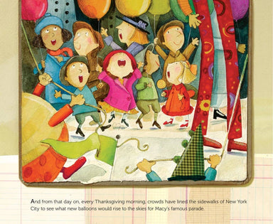 Illustration of children with balloons and a parade scene on lined paper.