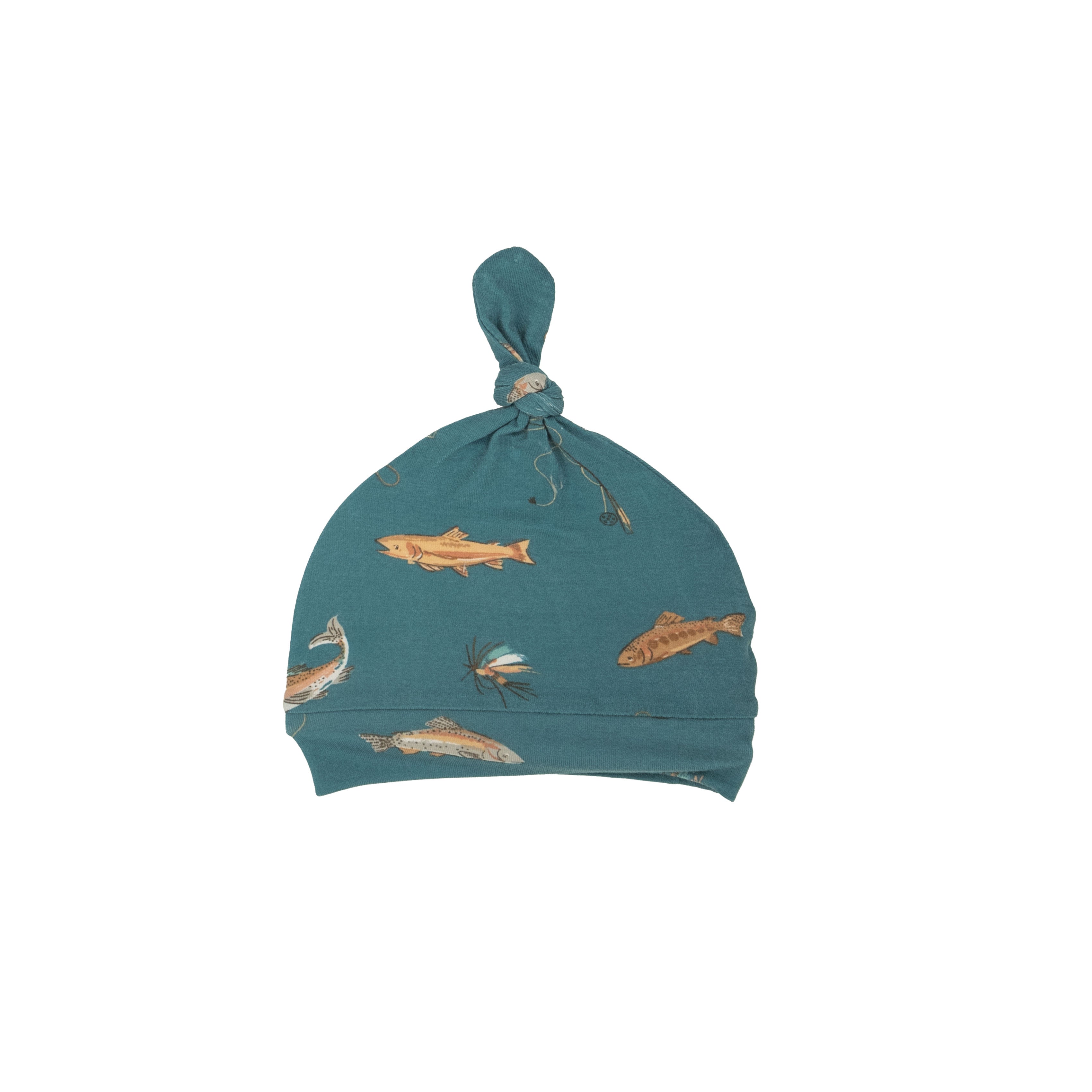 teal colored knotted hat with brown trout print