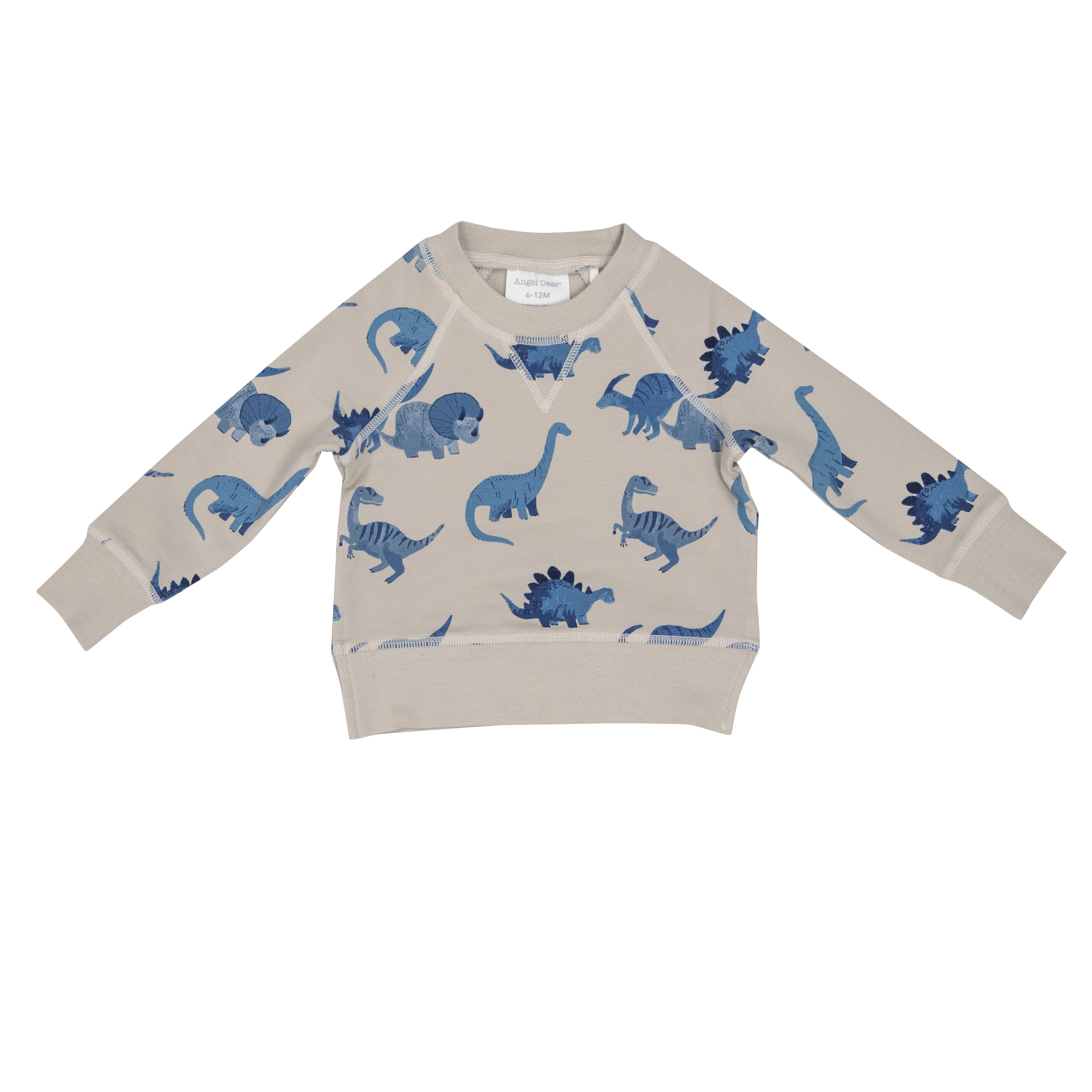grey crewneck sweatshirt with blue dinosaur print