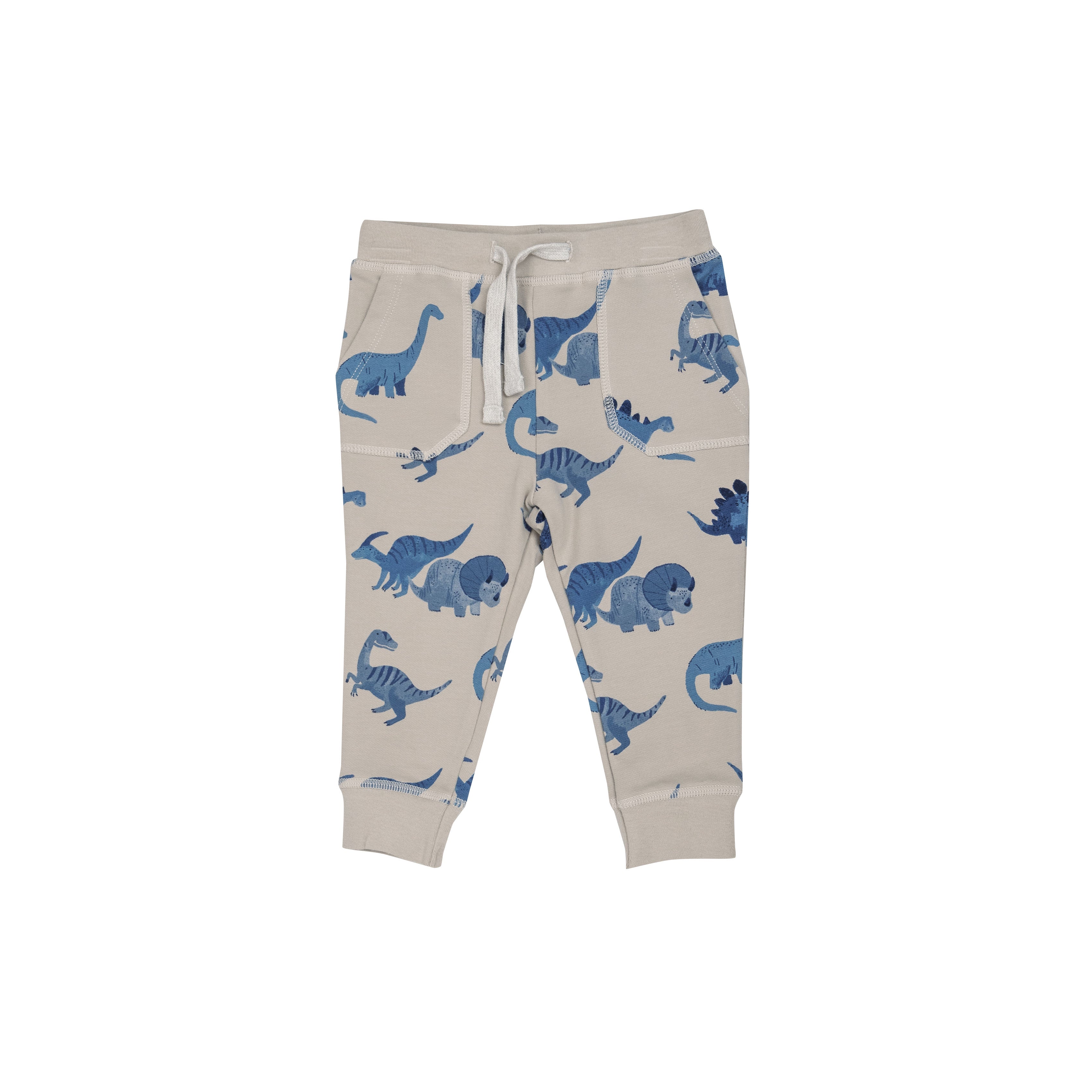 grey sweatpants with drawstring waist and blue dinosaur print