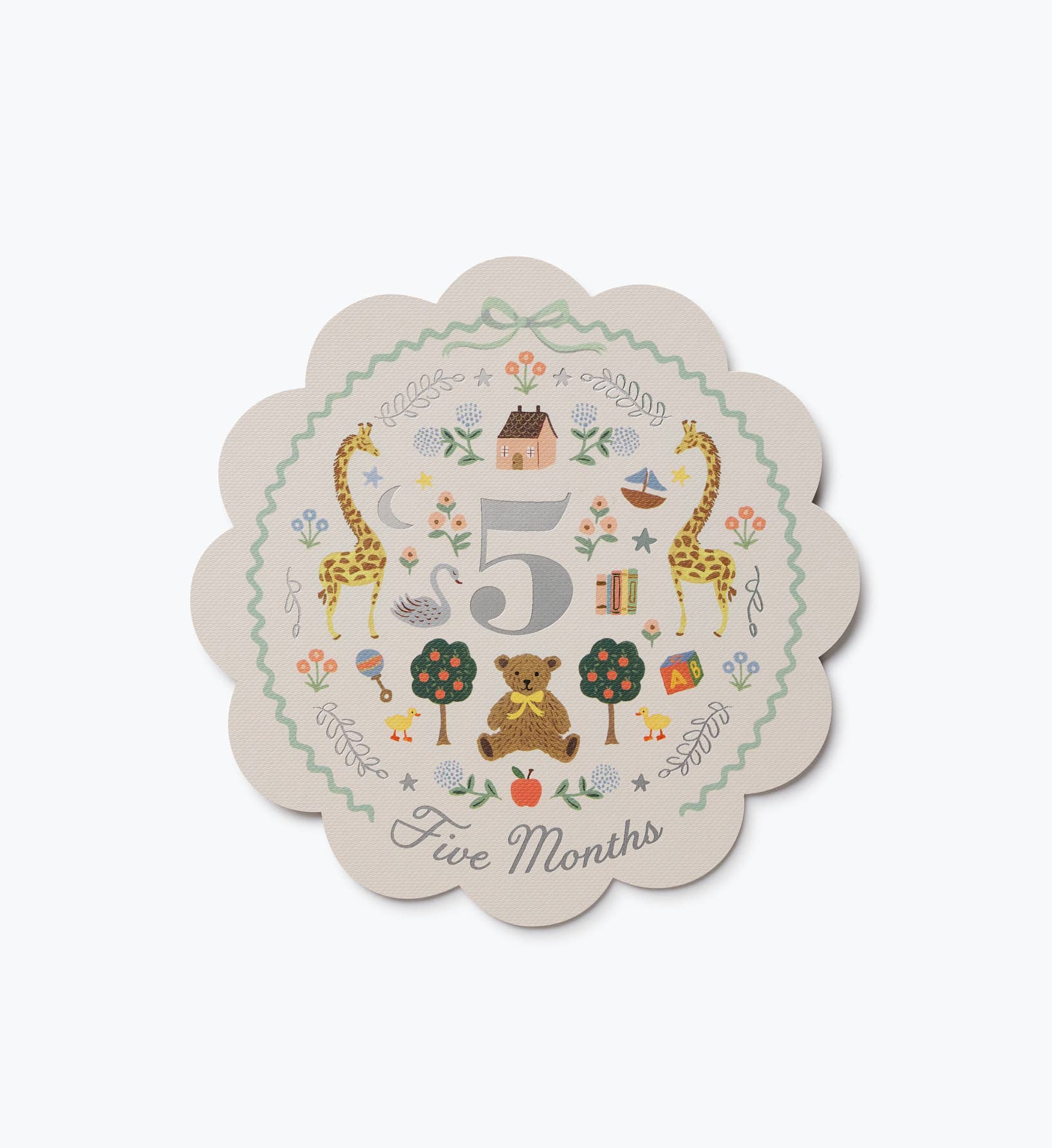 Rifle Paper Co illustrated baby milestone card for five months with a large number five colorful animals flowers and decorative scalloped edges