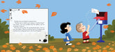 A children's book illustration showing a letter being mailed. On the left is a large white letter with printed text, and on the right, a girl in a blue dress and a boy in a red shirt stand by a red mailbox while falling orange leaves drift in the blue sky.