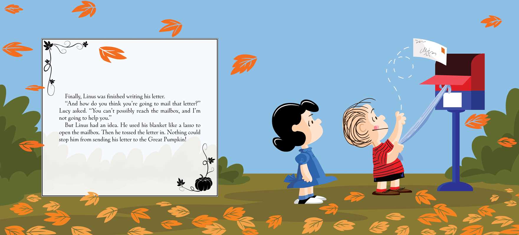A children's book illustration showing a letter being mailed. On the left is a large white letter with printed text, and on the right, a girl in a blue dress and a boy in a red shirt stand by a red mailbox while falling orange leaves drift in the blue sky.