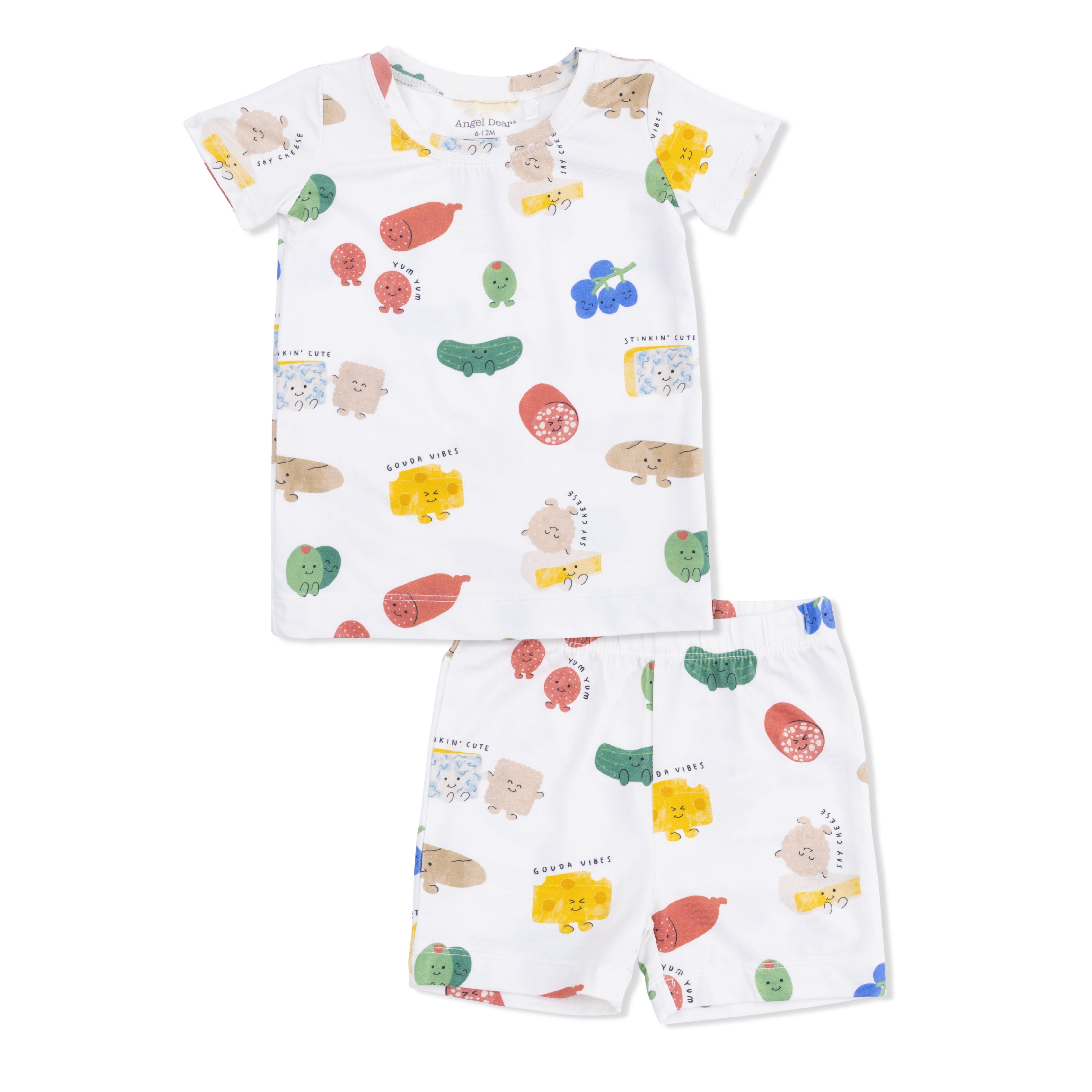 Children's pajama set with charcuterie pattern on a white background